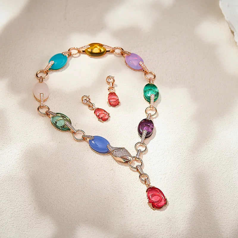 Luxury Snake Design Rose Gold Multicolour Zirconia Long Necklace & Earrings Set