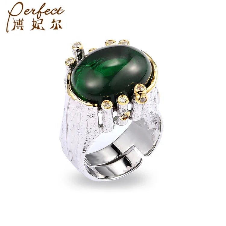 Handmade Retro Design 925 Sterling Silver Big Green Glass Ring
