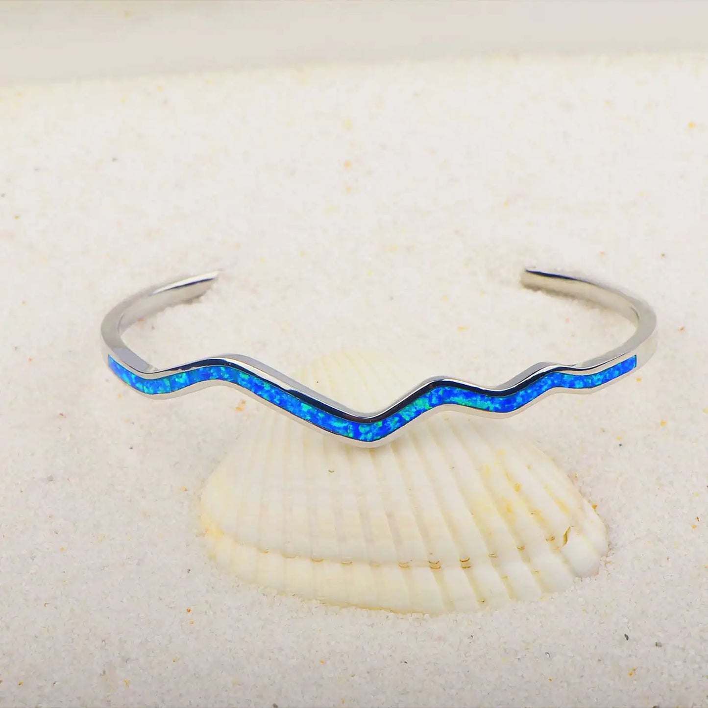 Hawaiian Blue Opal Beaded Bracelet | Trendy Brass Wavy Line Design Fashion Open Cuff Jewelry