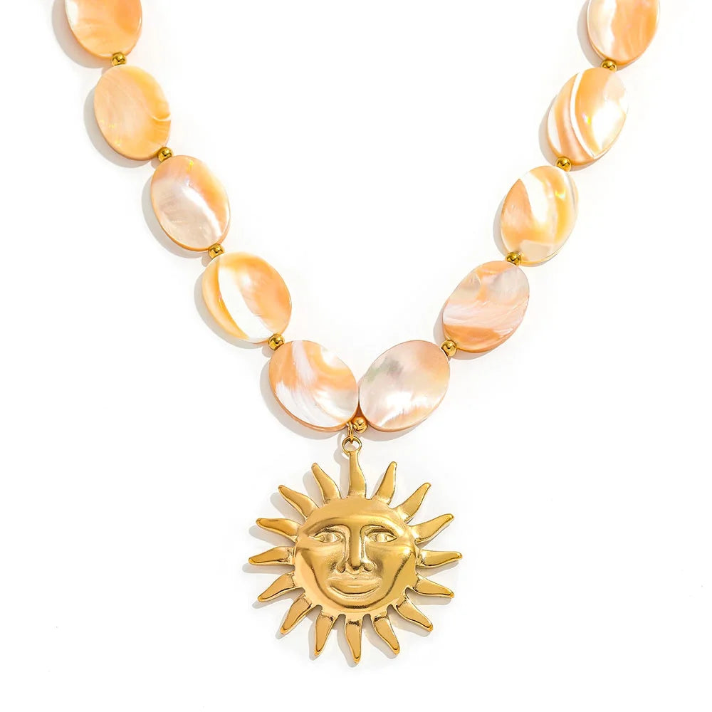 Joolim PVD Plated Wholesale Waterproof Fashion Boho Sun Face Pendant Natural Shell Bead Chain Necklace Stainless Steel Jewelry