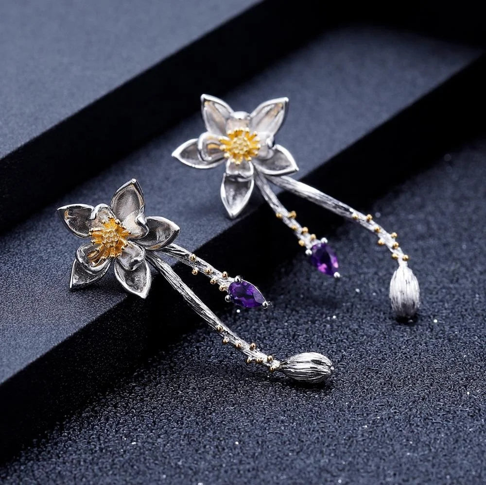 ArtistA Handmade 925 Silver Gold Plated Natural Amethyst Gemstone Matching Lotus-Flower Open Adjustable Ring & Long Dangle Earrings Set