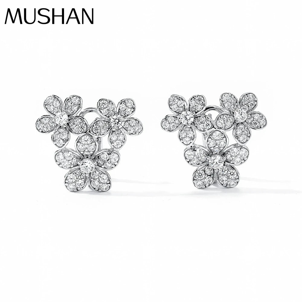 MUSHAN Jewelry Factory Full Diamond Three Flower S925 Pure Silver Petal Stud Earrings High End Electroplated Gold Jewelry