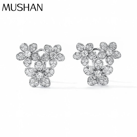 MUSHAN Jewelry Factory Full Diamond Three Flower S925 Pure Silver Petal Stud Earrings High End Electroplated Gold Jewelry