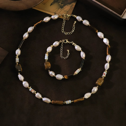 GLSEEVO Natural Pearl, Tiger Eye & Shoushan Stone Necklace & Bracelet Set — Vintage Style | White