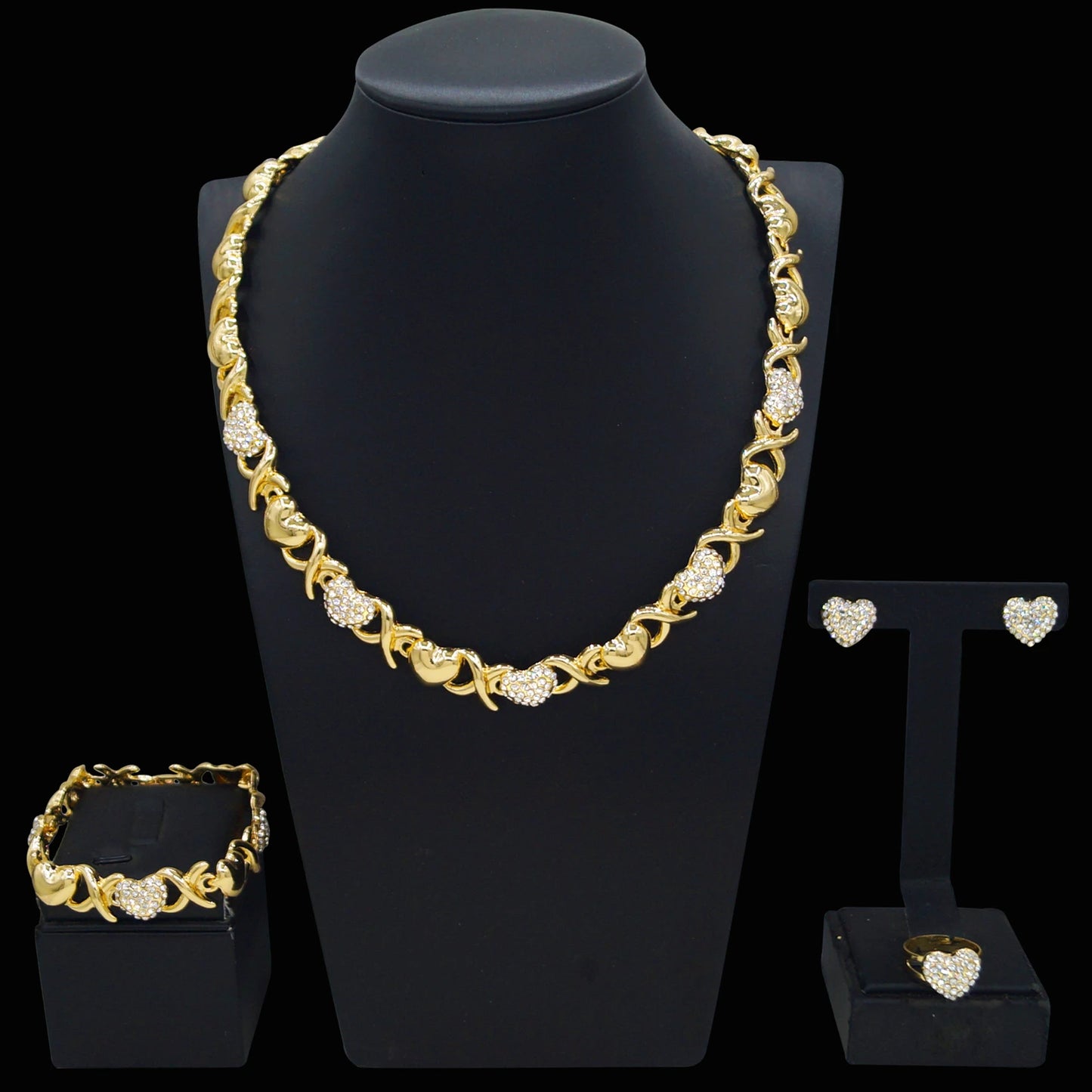 Zhuerrui's New Fashion Dating Jewelry Set of Four Pieces, High-end Gold-plated and Diamond-encrusted Heart, Vibrant and Elegant