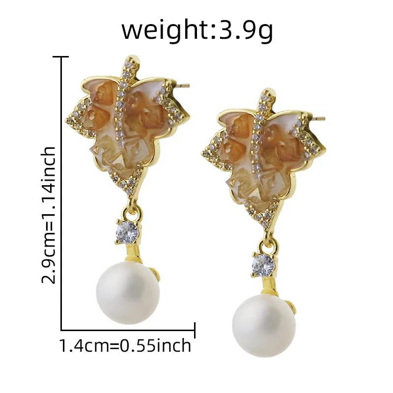 Natural Freshwater Pearl Leaf-Shaped Zircon Crystals Pendant Earrings Fashion New Design Earrings for Women'S Jewellery GE1751