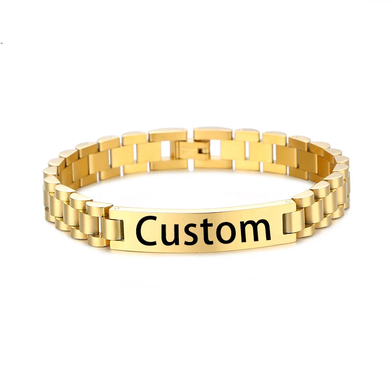 Wholesale Stainless Steel Custom Engraving Name Logo  Watch Band Chain Wristband ID Bracelets for Men