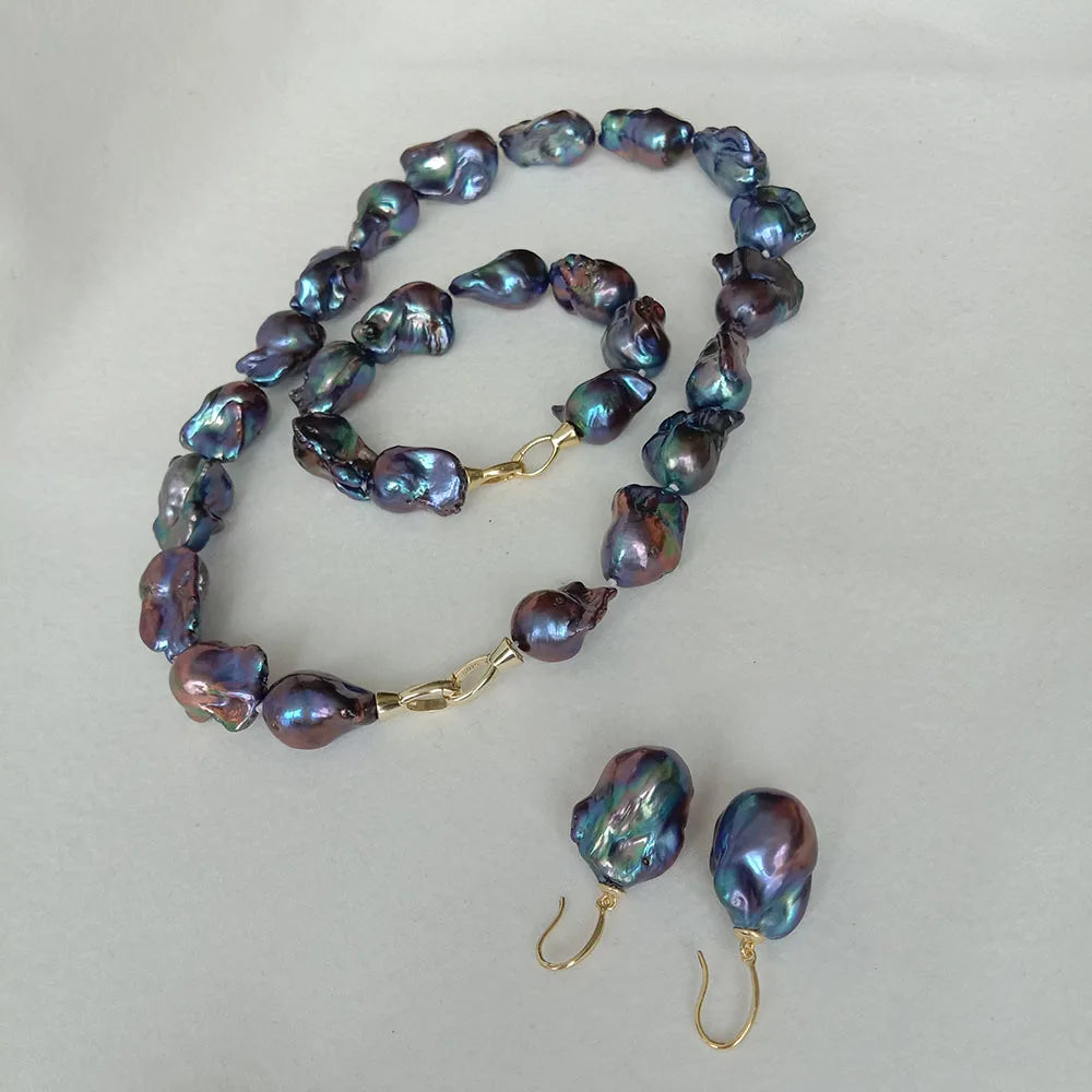 925 Silver Clasp Fashion Big Black Baroque Shape Freshwater Pearl Jewelry Set for Wedding Factory Price,wholesale