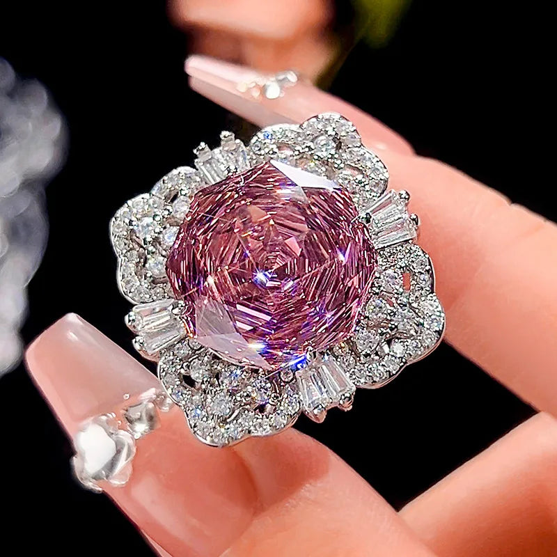 Gemfiori Luxurious Exquisite Flower Design Engagement Necklace Ring Earring Jewelry Luxurious Anniversary Gift Copper Gold-plated Set