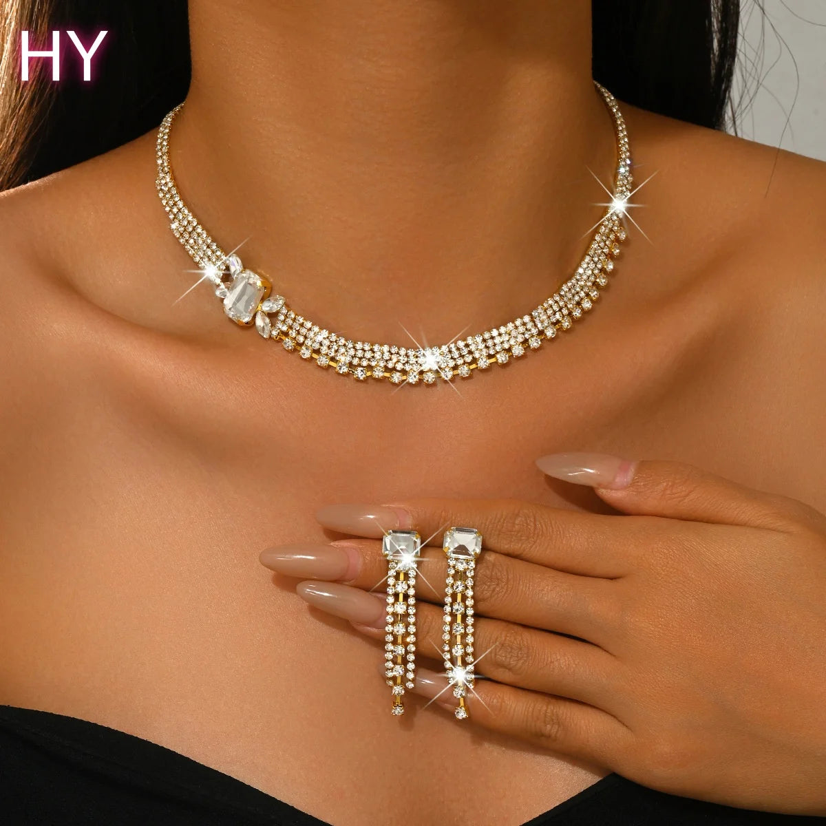 HY  Crystal Bridal Wedding Jewelry Gold Pleated Rhinestone Necklace Earrings Bracelet Ring Sets Formal Costume