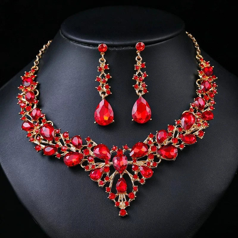 XM S393 Gold Plated Marquise Topaz Floral Necklace & Earrings Bridal Set