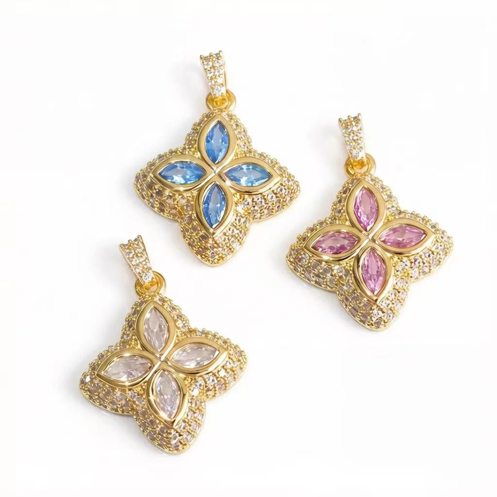 Luxury Full Zircon Four-Leaf Clover Pendant Necklace Hip-Hop Bling Jewelry Gold Plated Necklace