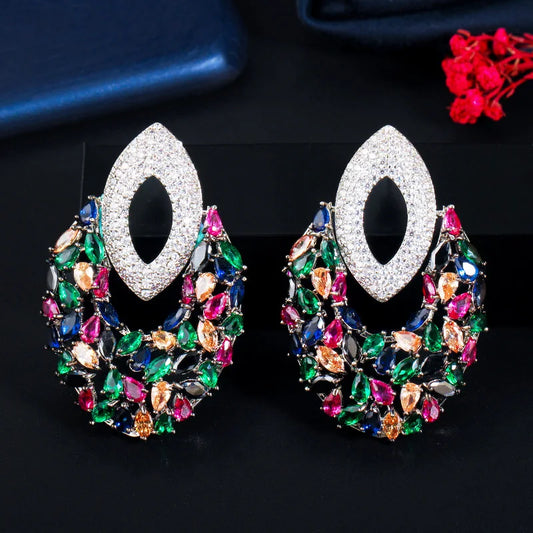 Unique Fancy Multi Color Cubic Zirconia Long Drop Big Luxury Party Earrings for Women Fashion Designer Bridal Wedding Jewelry