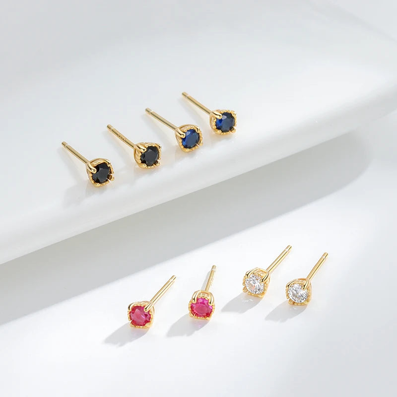 Trendy 925 Sterling Silver Stud Earring Bezel Claw Round White/Red/Blue/Black Colorful 5A CZ Earrings Gift for Women Mom