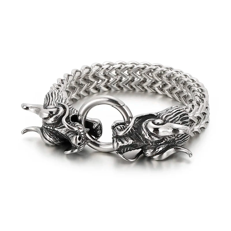 VIKING Double Dragon Multi-Layer Charm Bracelet – 316L Stainless Steel Men's Wide Silver Bangle