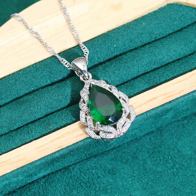 XOTICA Classics Green Zircon 925 Silver Jewelry Sets for Women Wedding Bracelet Earrings Necklace Pendant Ring Dating Gifts