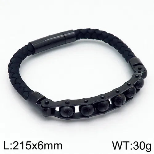 REBEL Trendy Mens Fashion Bracelets Bangles Stainless Steel Beads Leather Bracelet Bangle
