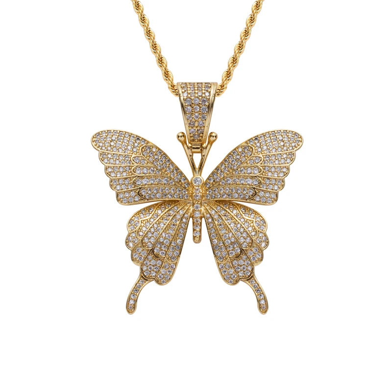 S&S Iced Out CZ Butterfly Pendant Necklace | Gold & Silver | Hip-Hop Jewellery