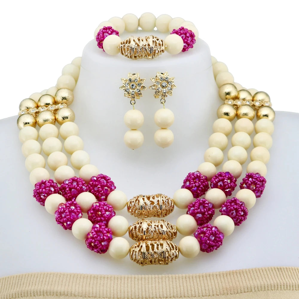 Zhuerrui African-Style Gold-Plated Necklace Set Luxury Red Rose Carved Beaded Jewelry Set Ideal for Parties YLT130