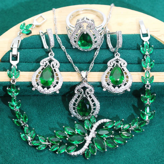 2024 Green Crystal Women's 925 Silver Jewelry Sets Classic Wedding Earrings Rings Bracelets Pendant Necklace for Parties