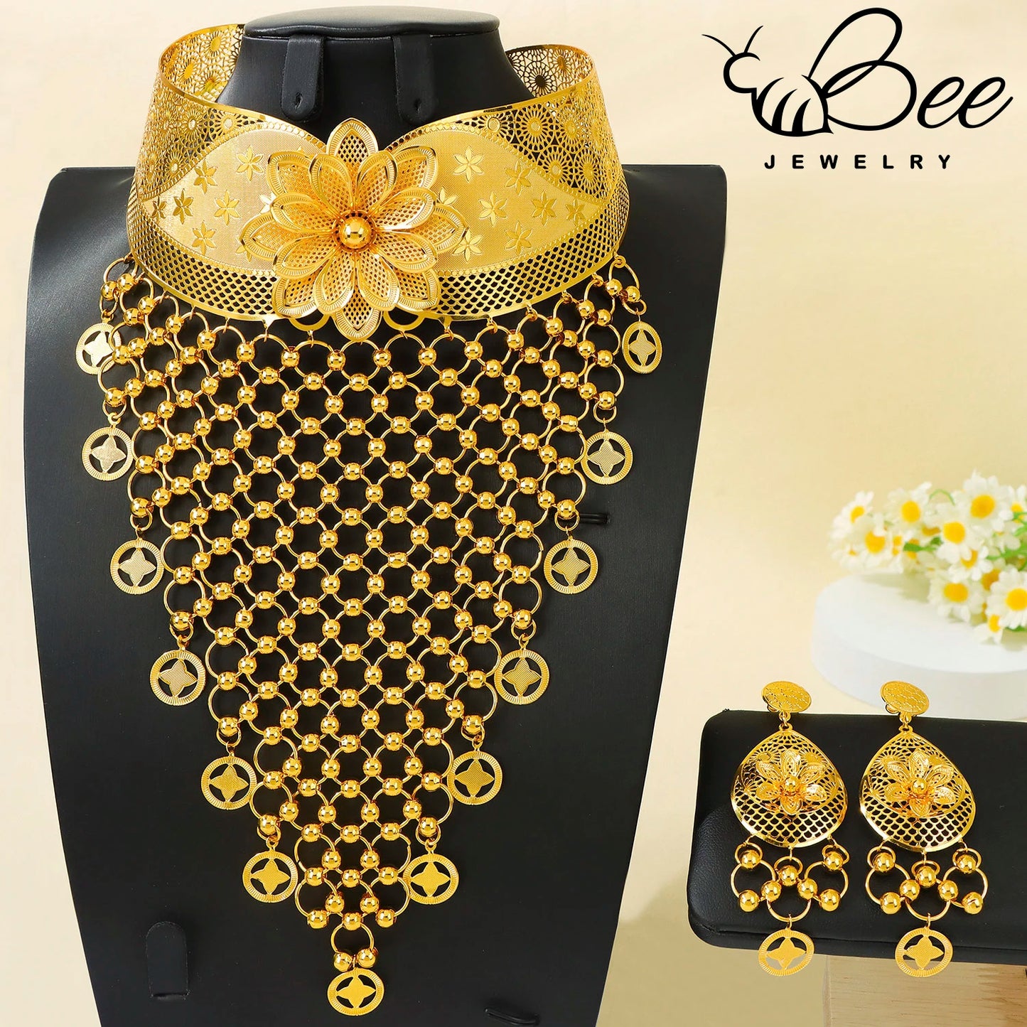 Luxury Gold Color Indian Bridal Jewelry Set Hollow Tassel Flower Long Bib Necklace Earrings Sets For Wedding