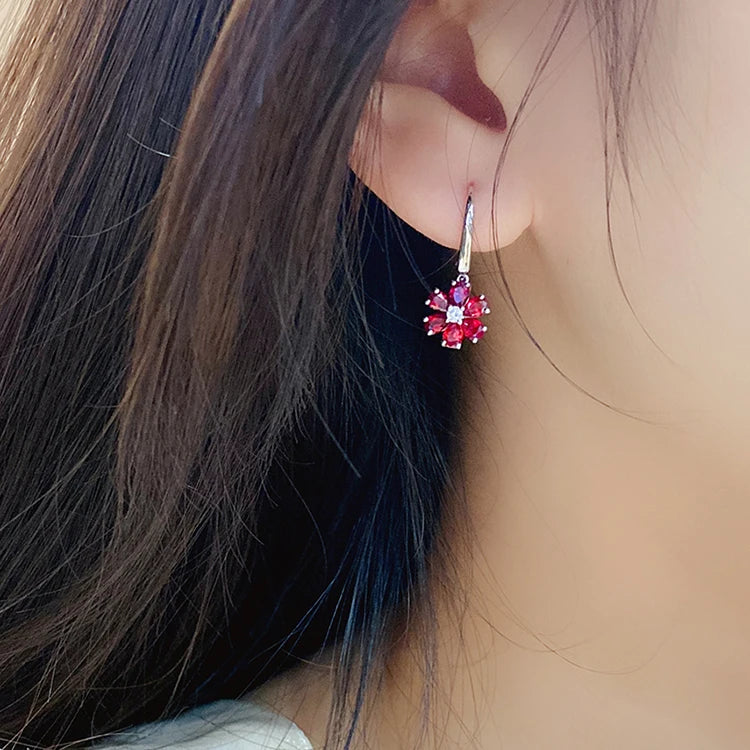 Gemfiori Jewelry Flower Shape Lab Ruby Sterling Silver 925 Jewellery Dangle Drop Earrings for Girl