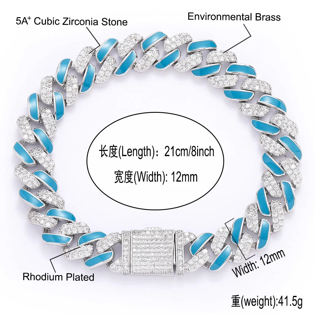 Trendy Hip Hop Jewelry 12mm Wide Bling CZ Iced Out Blue Enamel Strips Cuban Link Chain Bracelet for Women and Men