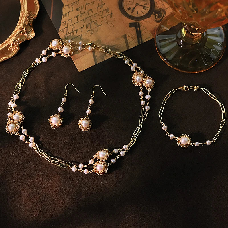 Natural Freshwater Pearl Flower Three-piece Set Luxurious Design Earrings Necklace Bracelet Gift Wedding Banquet GS0217