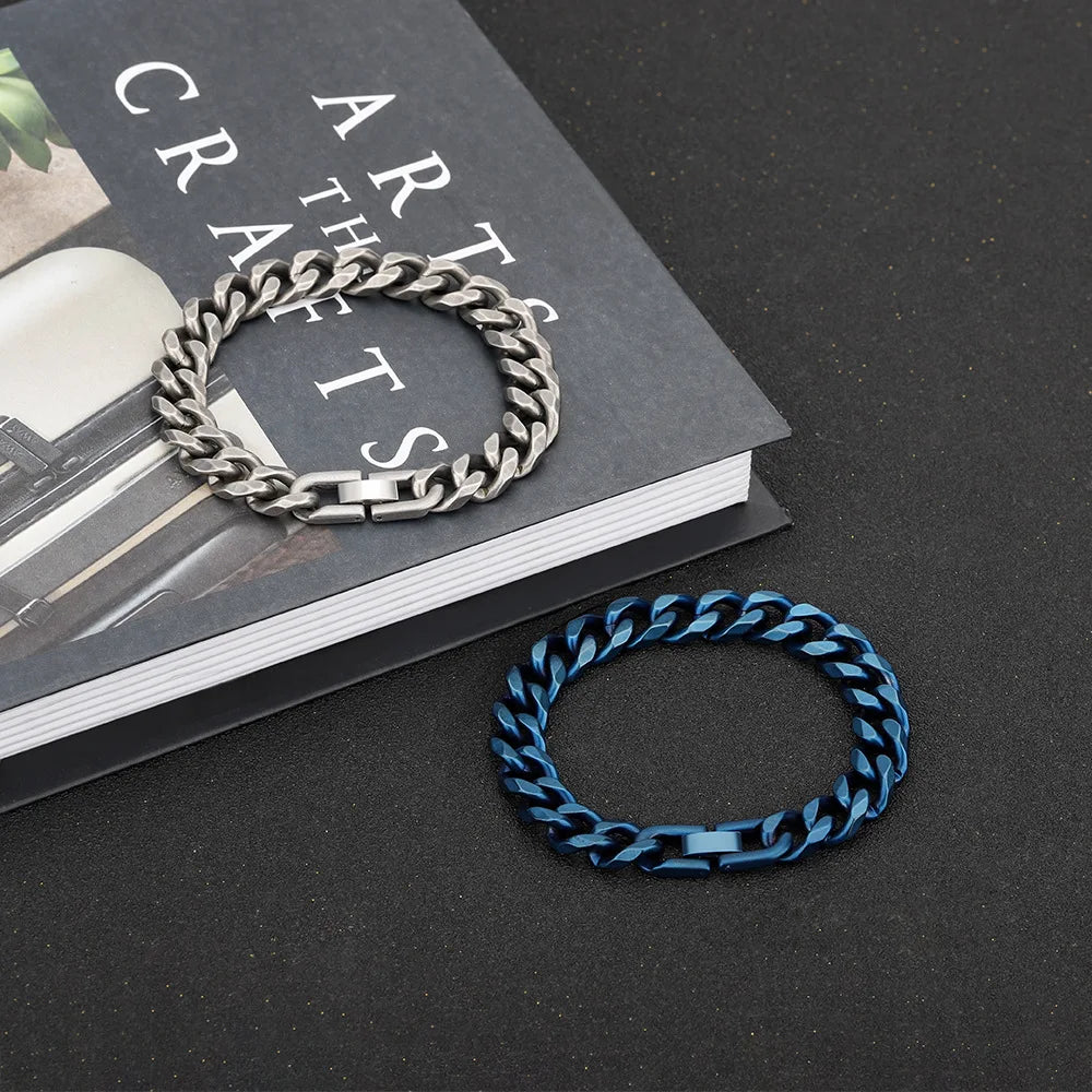 REBEL Duyizhao Vintage Stainless Steel Men's Charm Bracelet New European American Hip Hop Royal Blue Cowboy Cuban Rhodium Plated