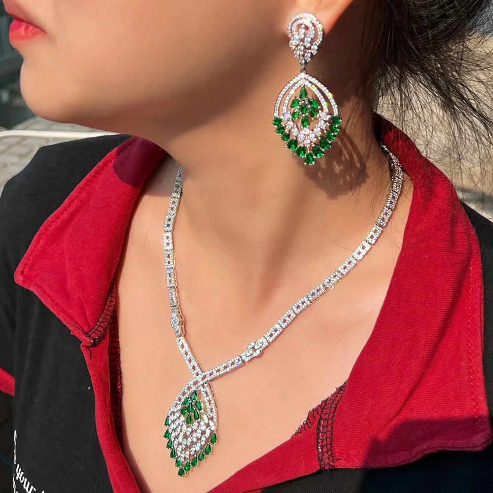 Big Chunky Dangle Drop Green Cubic Zirconia Fringed Chandelier Bridal Wedding Dubai Earring Necklace Jewelry Set