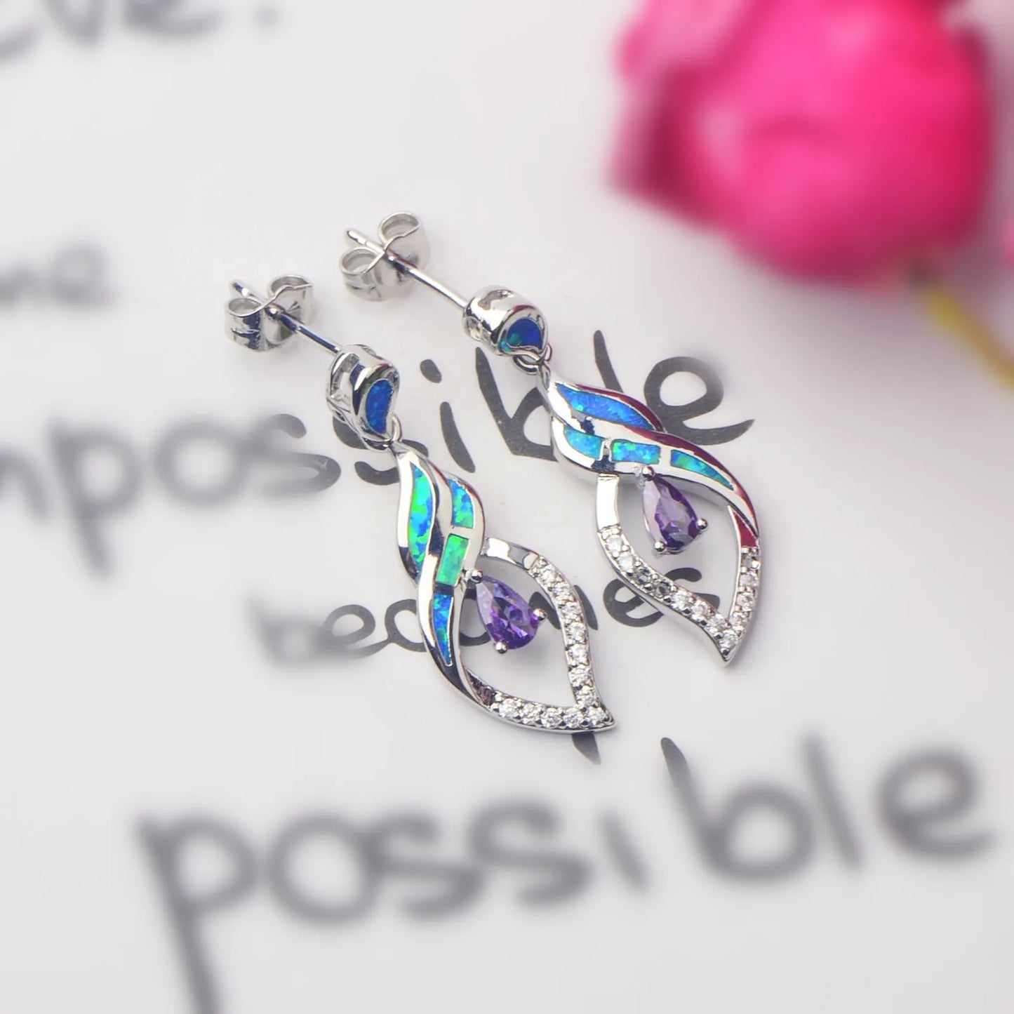 Twisted Opal & Amethyst Drop Earrings - Blue Fire Opal & Purple Crystal Inlaid Design | Glam Evening Jewelry Bulk Gifts