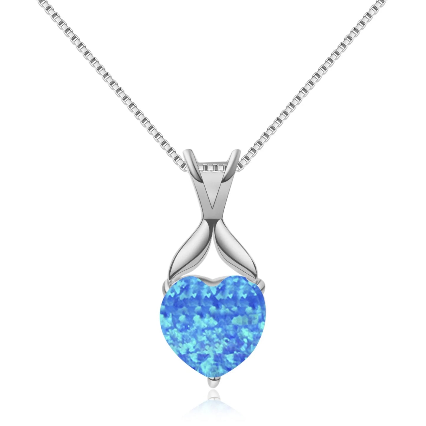 INS Trendy Blue Copper Opal Heart Sweater Chain Necklace-Sparkling Inlay Opal Jewelry with Link Chain Bulk Supply