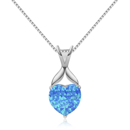 INS Trendy Blue Copper Opal Heart Sweater Chain Necklace-Sparkling Inlay Opal Jewelry with Link Chain Bulk Supply