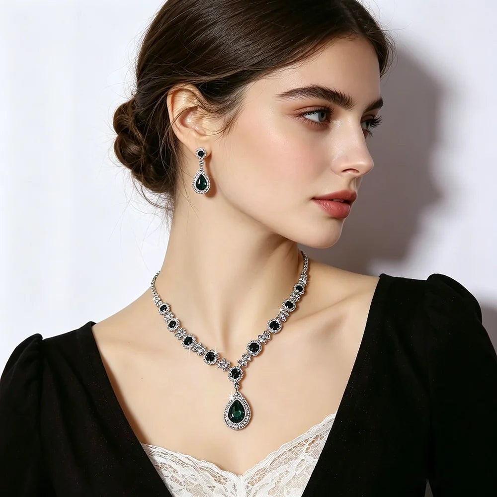XM S372 Platinum Plated Princess Cut Zircon Floral Teardrop Pendant Necklace & Earrings Bridal Set