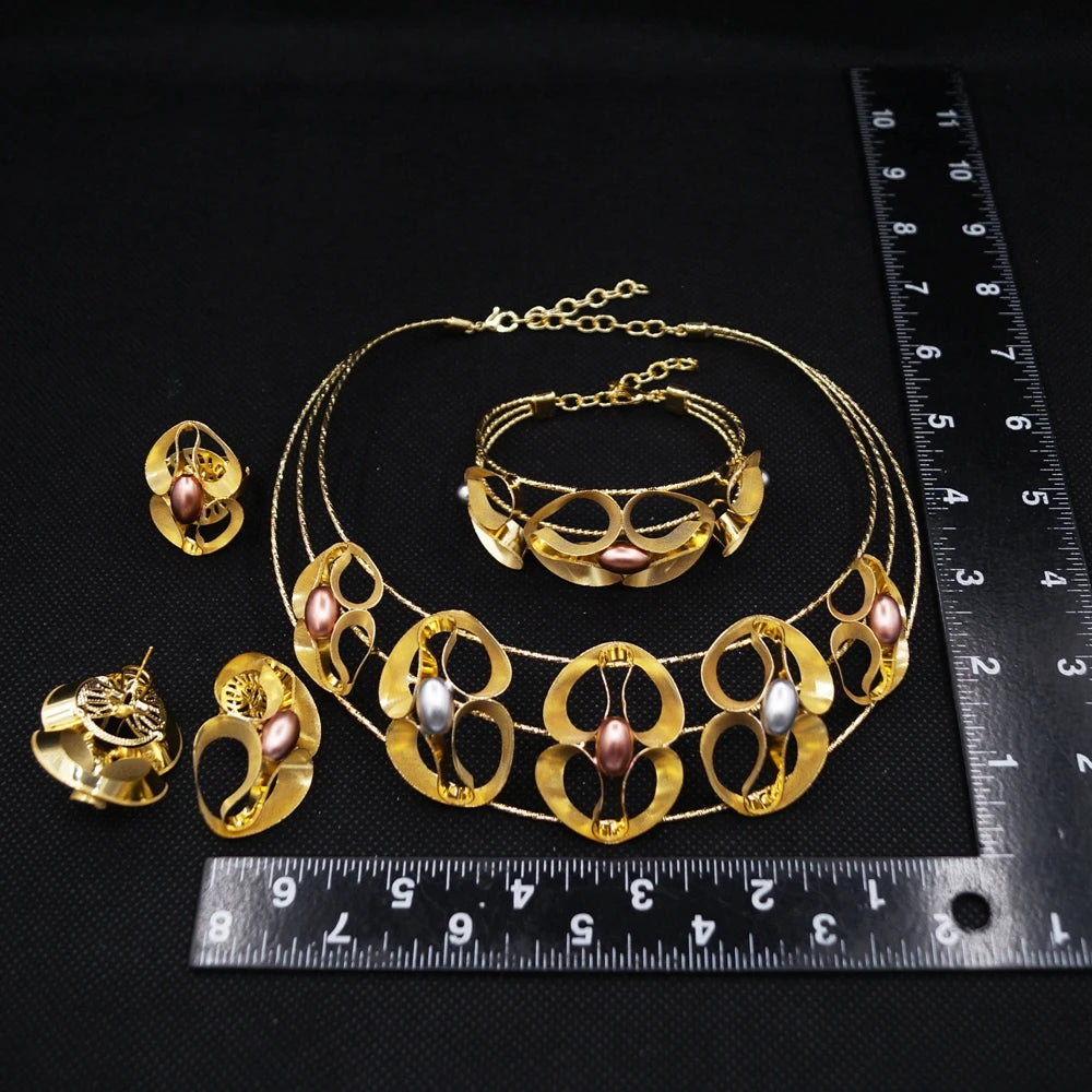 Zhuerrui Alloy Handmade Golden Jewelry Set with Openwork Metal and Multi Tone Pearls Includes Necklace Bangle Earrings and Ring
