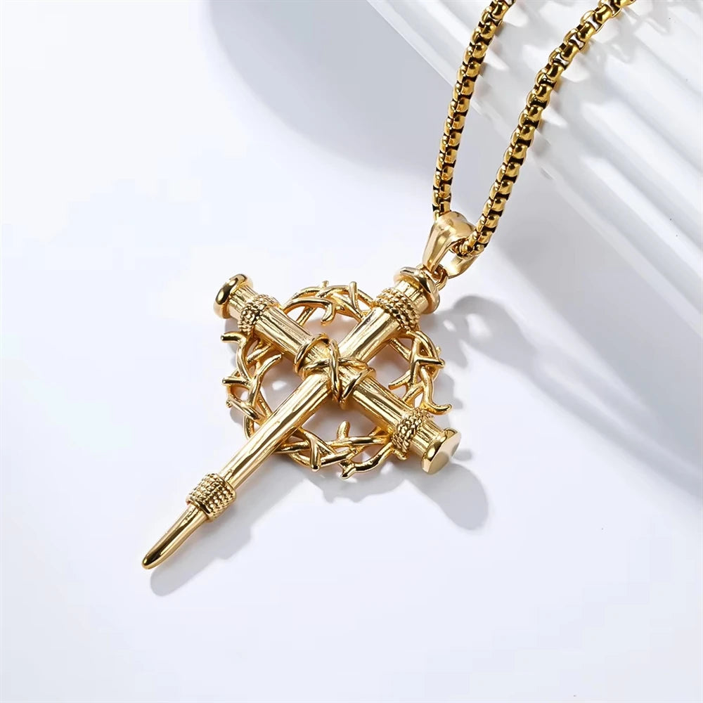 Thorn Wreath Cross Religious Anti Non Tarnish WaterProof Stainless Steel Fashion Jewelry Pendant Necklaces for Men Wholesale