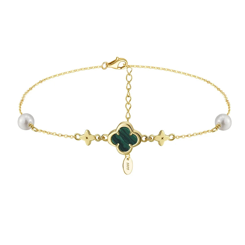 Natural Malachite Four Leaf Clover Shape with Shell Pearl 925 Sterling Silver Chain Anklet for Women