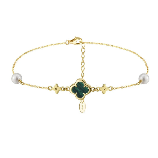 Natural Malachite Four Leaf Clover Shape with Shell Pearl 925 Sterling Silver Chain Anklet for Women