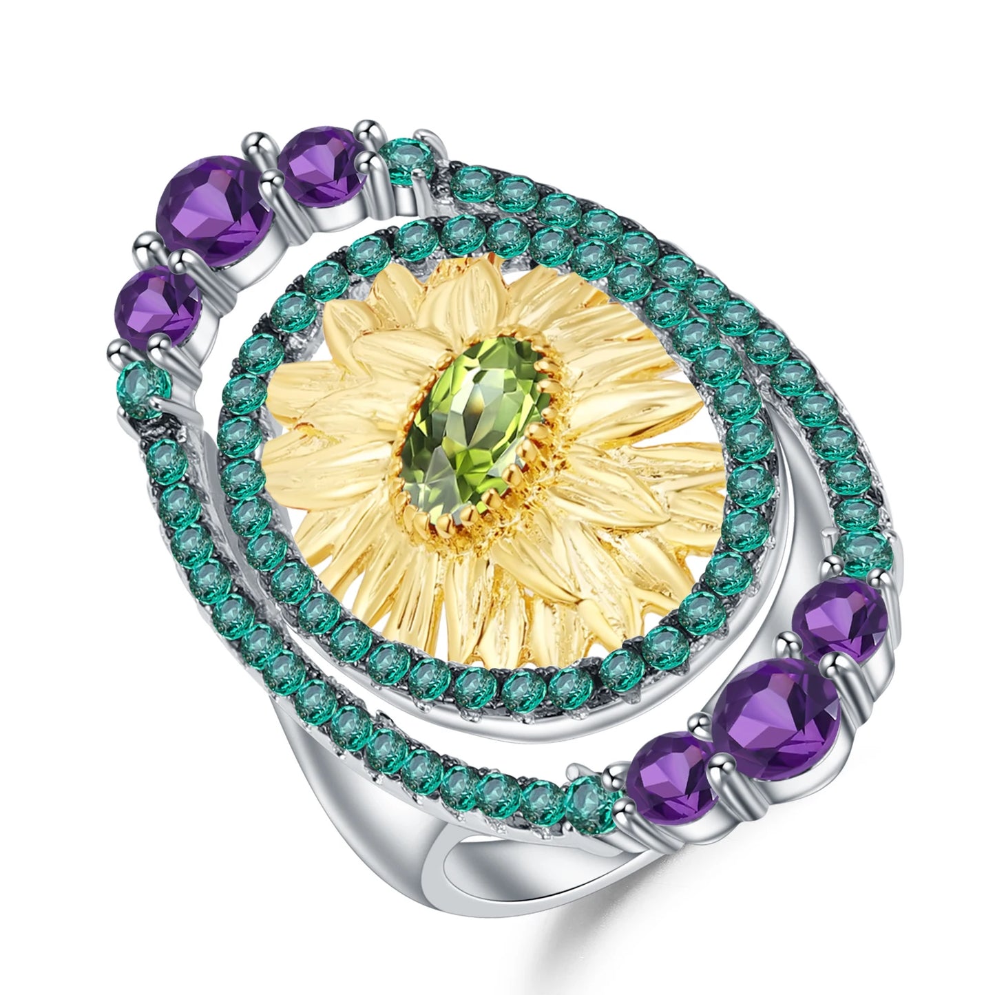 Abiding Hot Sale 925 Sterling Silver Jewelry Set Handmade Natural Peridot Ring Earring Sunflower Jewelry Set
