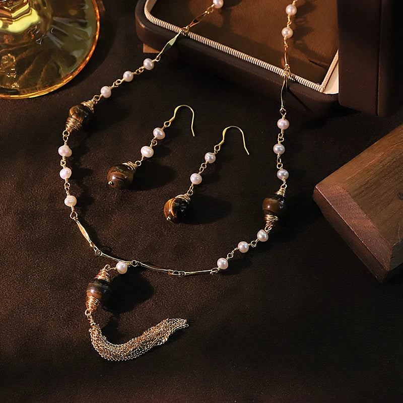 Natural Freshwater Pearl Tiger Eye Stone Earrings Necklace Set Luxurious Design Set Gift Wedding Banquet GS0216