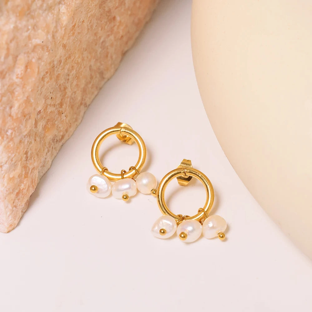 Hypoallergenic Stainless Steel 18K Gold Plated Earrings Freshwater Pearls Baroque Knot Dangling Hoop Earrings for Girls