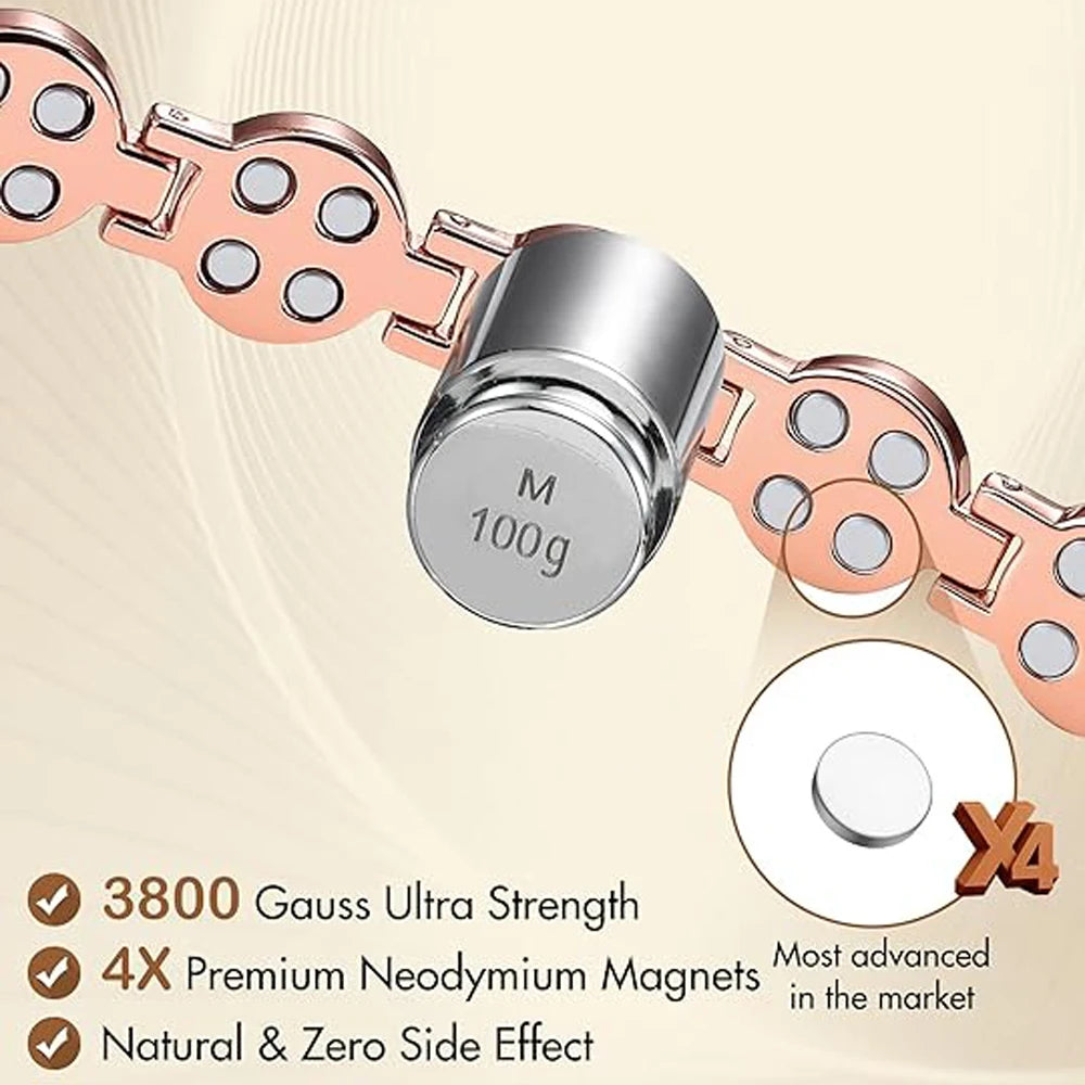 Lady's Pure Copper Magnetic Bracelet with Zircon Stones Vintage Style Adjustable Anniversary Gift Excellent Gift Choice