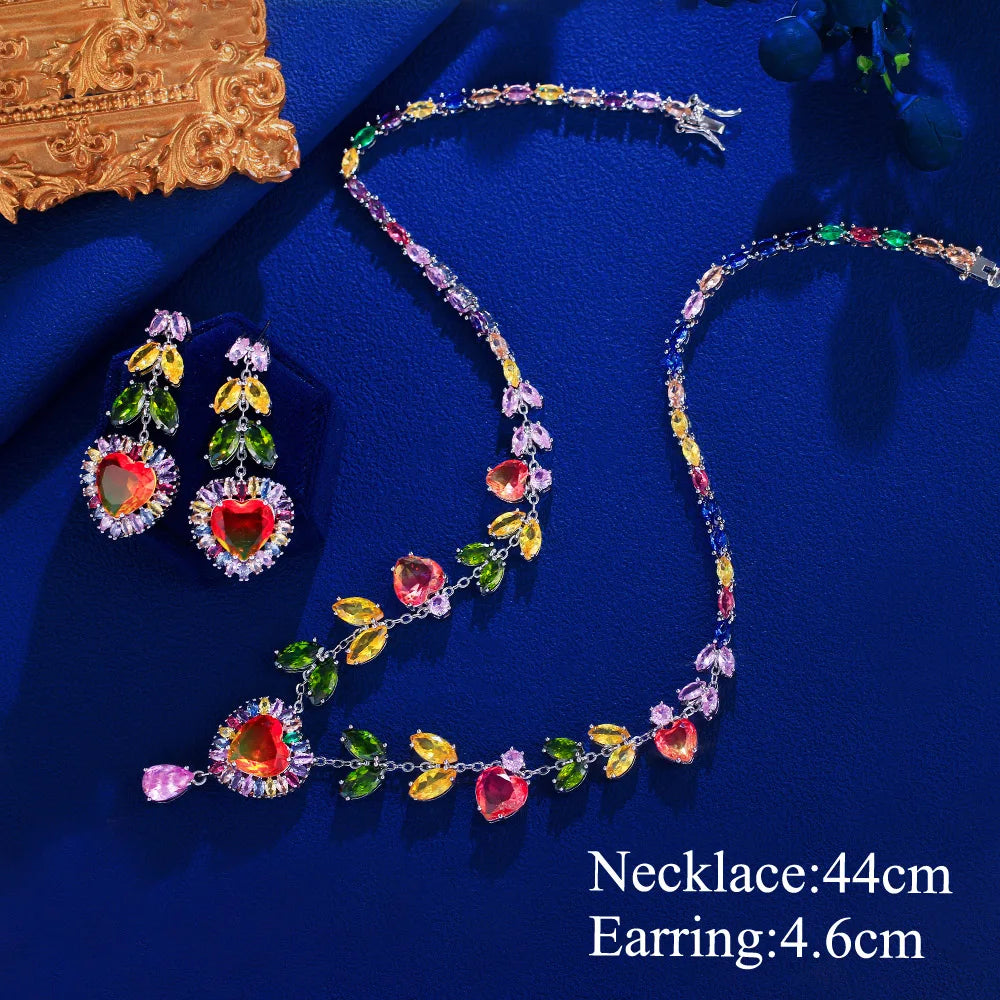 Luxury Multicolor Cubic Zirconia Big Heart Drop Earrings and Necklace Women Bridal Wedding Party Jewelry Set