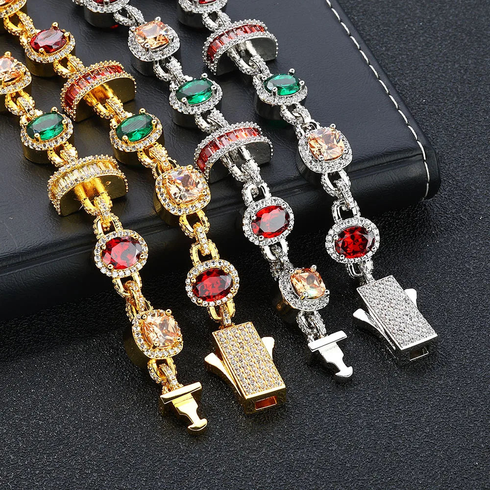 FASHIONISTA Hip Hop Style Colorful Gemstone Bracelet Sparkling Zircon Chain Unisex Gold Plated Brass Charm Bracelet Fashion for Men Women