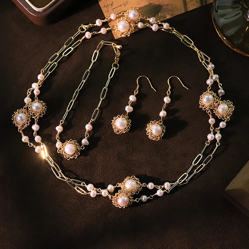 Natural Freshwater Pearl Flower Three-piece Set Luxurious Design Earrings Necklace Bracelet Gift Wedding Banquet GS0217