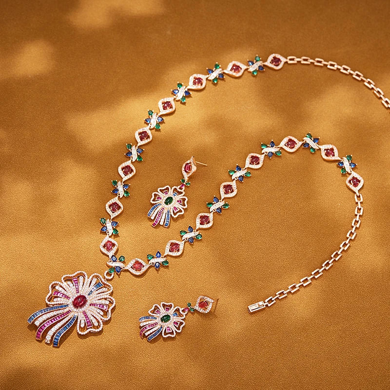 Retro Gorgeous High Quality Electroplated Two-Piece Set Colorful Ribbon Necklace Earrings Perfect Anniversary Fashion Jewelry