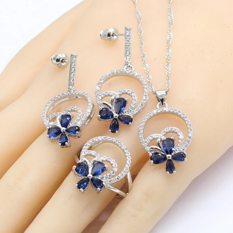 XOTICA New Dark Blue Zircon Platinum Silver Plated Trendy Jewelry Sets Women Wedding Party Gift Earrings Bracelet Rings Necklace