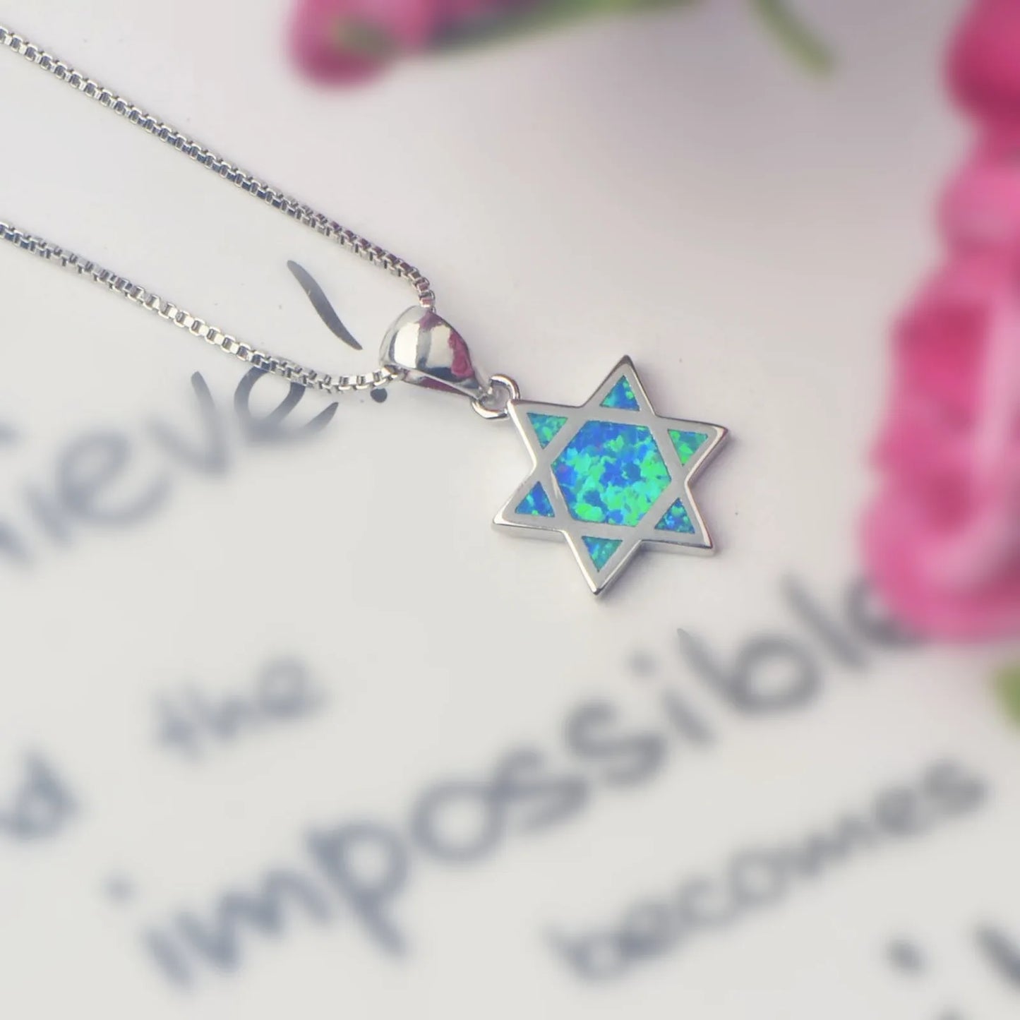 Bulk Jewish Star of David Brass Box Chain Necklaces Blue Opal Inlay Bohemian Plant Design Party Fashion Jewelry for Resellers