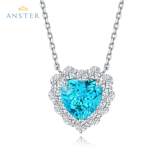 Gemfiori ANSTER Lab Grown Heart Cut Paraiba Necklace for Women 925 Sterling Silver Link Chain Pendant Necklace for Gift Party Anniversary