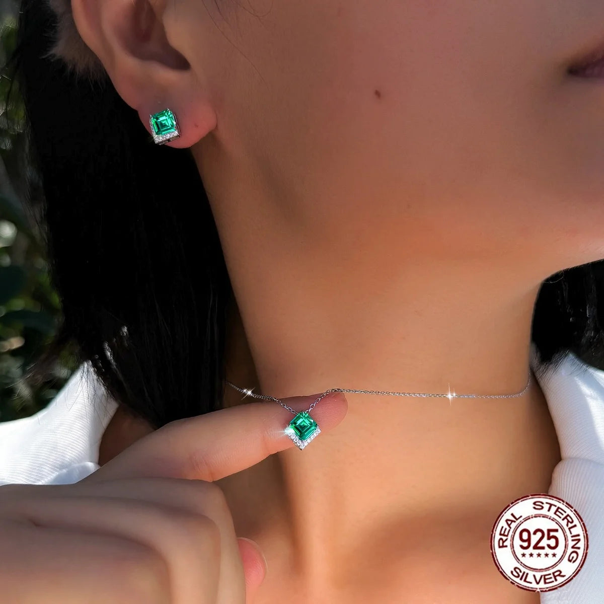 Princess Cut Emerald Green CZ Halo Necklace and Earrings 925 Sterling Silver Jewelry Set for Women Zirconia Bridal Jewelry Gifts